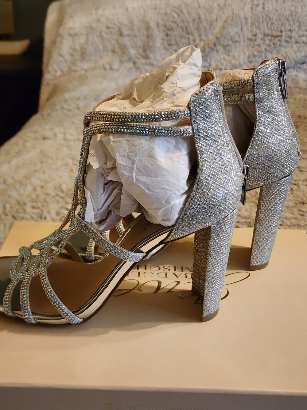 Jewel Badgley Mischka Silver Crystal Strappy High Heels - Picture 4 of 10